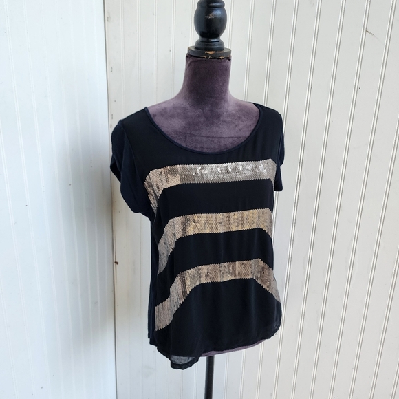 Express Women's Top  Black Navy Blue Silver  Sequins Stretch Back Striped Sz M - Picture 2 of 9